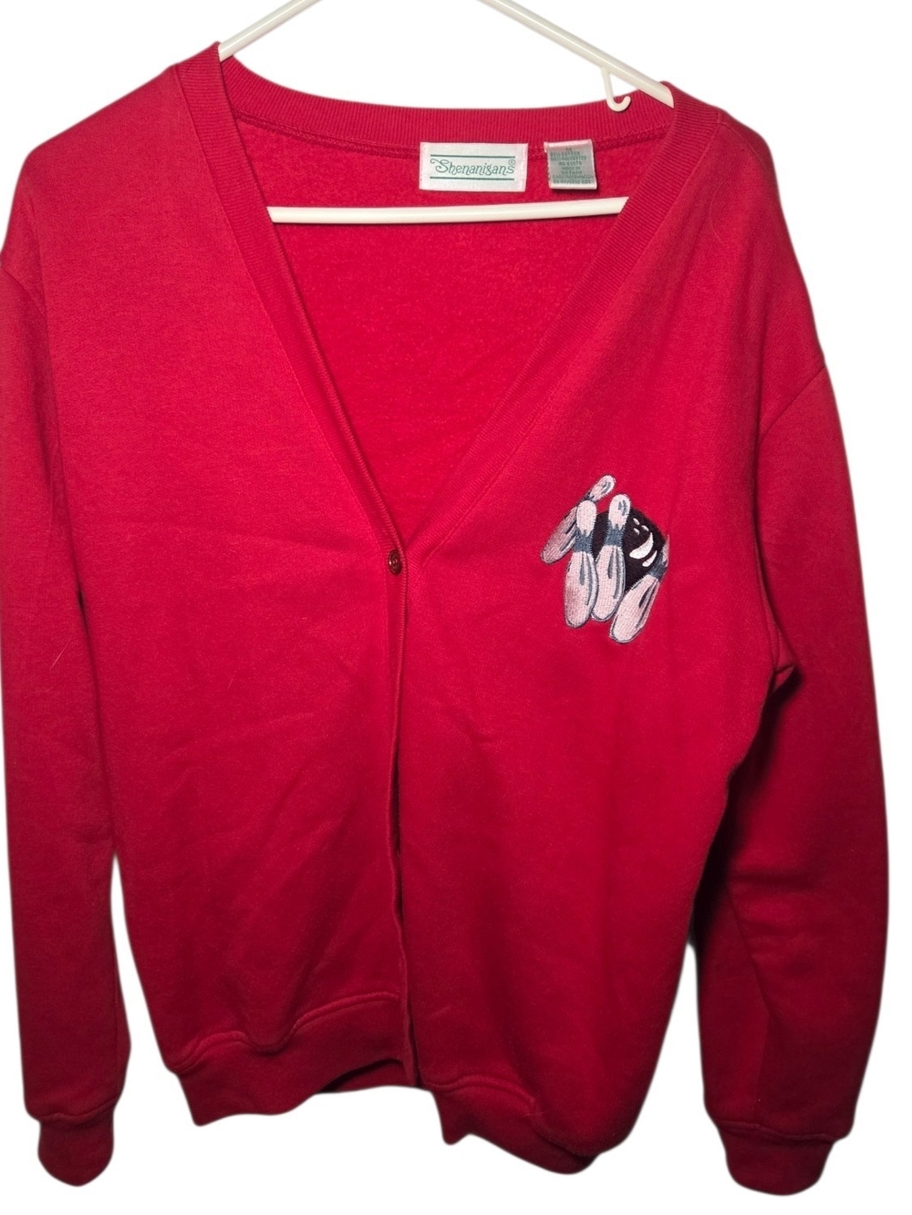 Vintage Shenanigans red cardigan embroidered bowling pins graphic Size Large